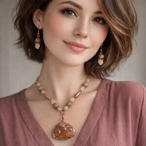 Brecciated Jasper 20" Necklace & Earrings Leopard beads 2" triangle cabochon